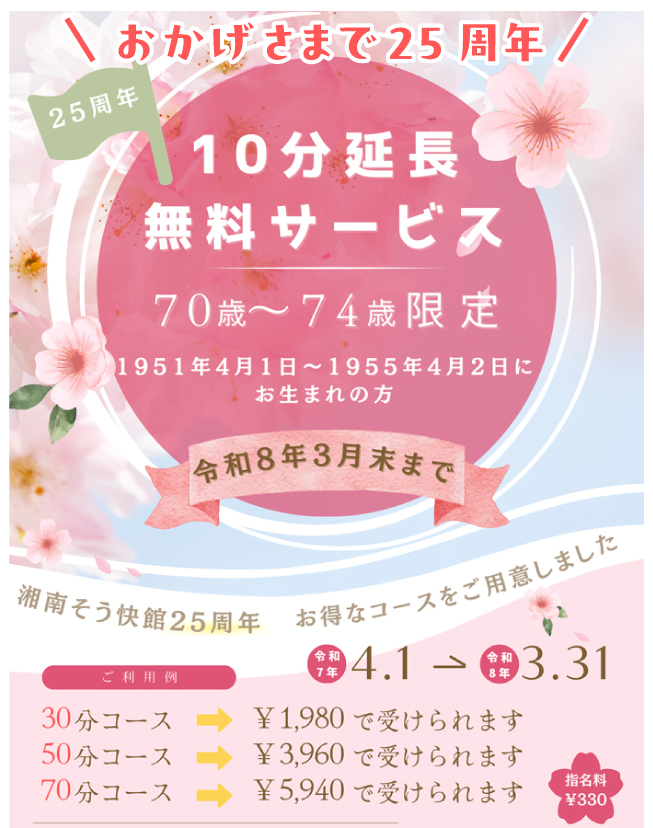 おかげさまで25周年　10分延長無料サービス：70歳～74歳限定　1951年4月1日～1955年4月2日にお生まれの方　令和8年3月末まで！ご利用例：30分コース1,980円で受けられます。50分コース3,960円で受けられます。70分コース5,940円で受けられます。
※他サービスとの併用はできません。駐車券サービスもありません。