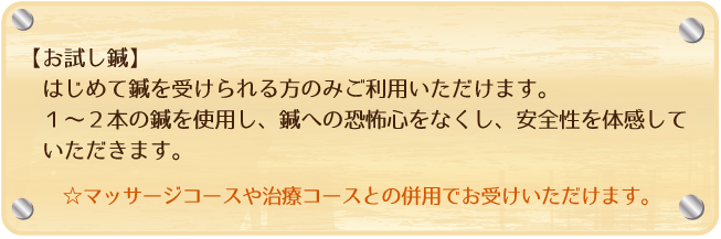 【お試し鍼】はじめて鍼を受けられる方のみご利用いただけます。１～２本の鍼を使用し、鍼への恐怖心をなくし、安全性を体感していただきます。【鍼ミニコース】お試し鍼のコースを受けられた方、もしくははじめての方もお選びいただけます。鍼コースのショートコースとなっており、５～６本の鍼で施術を行い、鍼の即効性を感じていただきます。☆どちらもマッサージコースや治療コースとの併用でお受けいただけます。